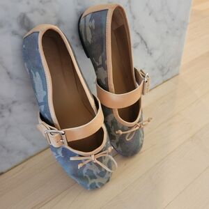 Pantofola D'oro Blue Camouflage Flats with Beige Strap